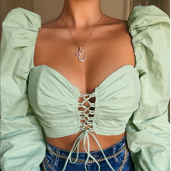 Miss Lola Tops - Sage mint Cropped lace top with poofy sleeves